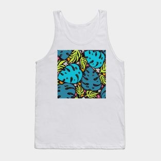 Jungle leaves and flowers abstract repeat pattern on black Tank Top